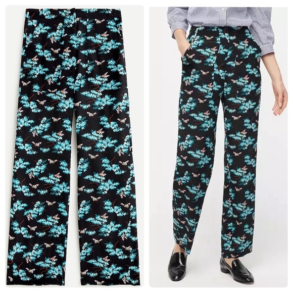 J. Crew SILK Straight-Leg Pant in Botanical Bees Print - Blue Black size 2 - Picture 1 of 12